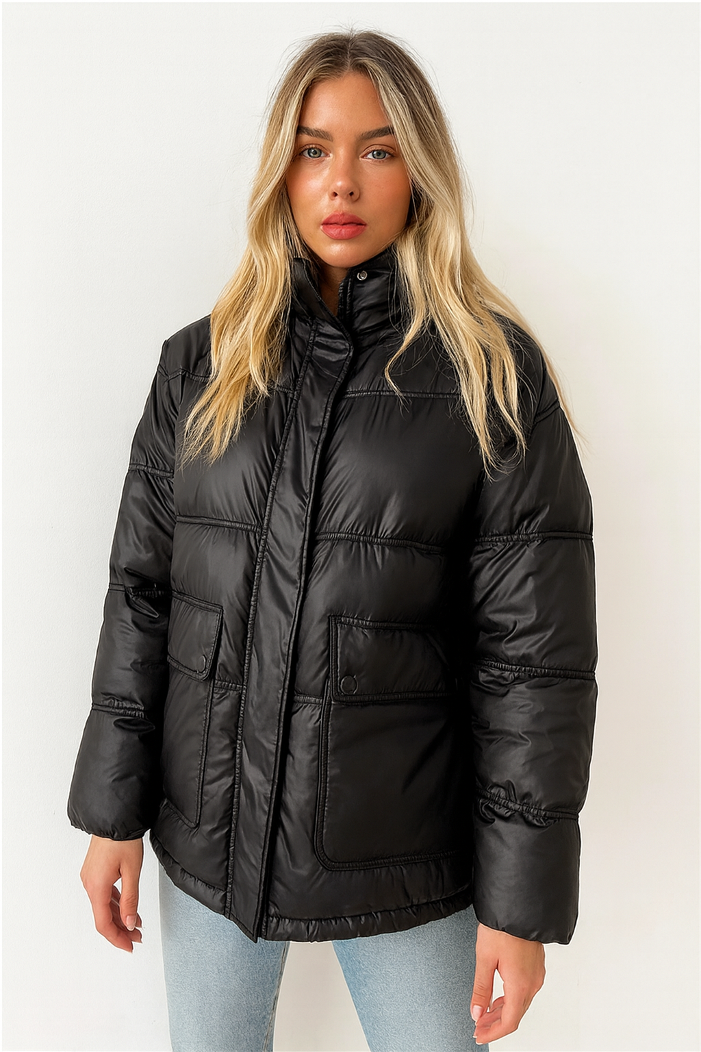Stylish Black Puffer Coat with Unique Paneling