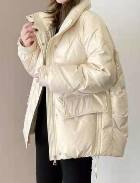 Cozy Cream Puffer Coat with a High Collar