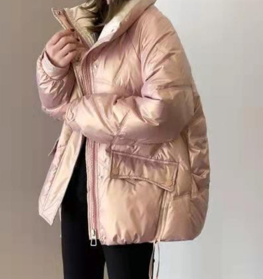 Iridescent Pink Puffer Coat with a High Collar
