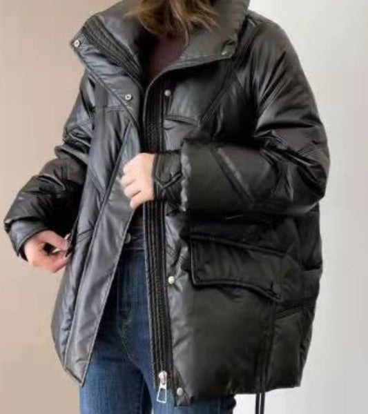 Stylish Black Puffer Coat with Unique Paneling